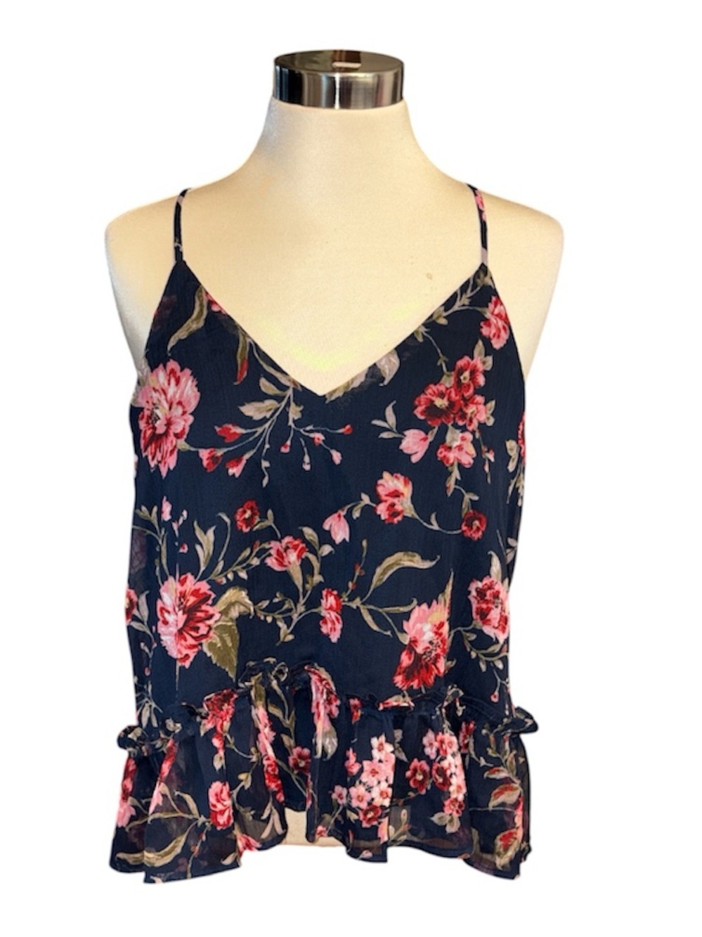 Patrons of Peace Navy Floral V-Neck Camisole with Ruffle Hem size medium